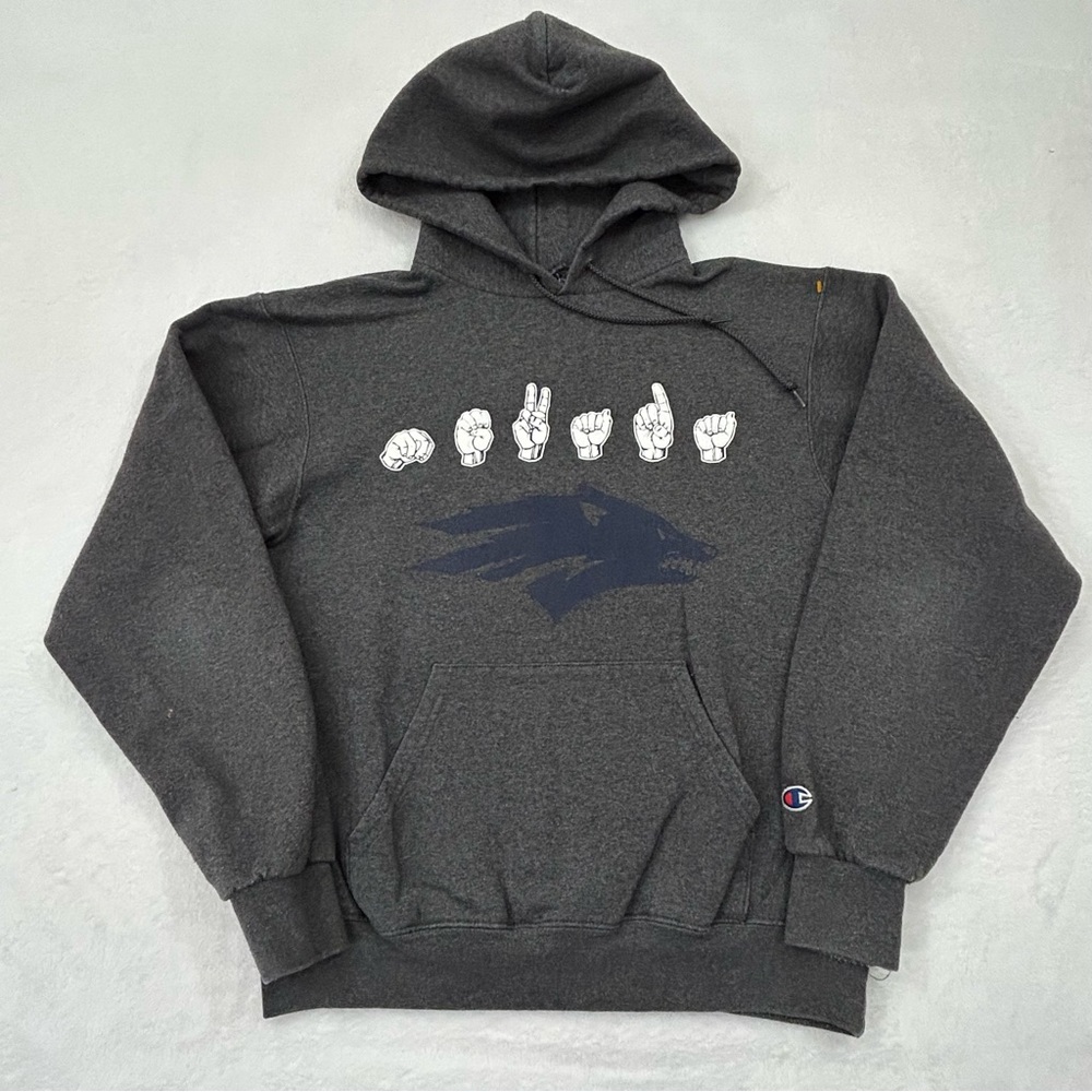 Champion Eco Fleece Nevada Wolf Pack Sign Language gray Hoodie Sweatshirt Size S
